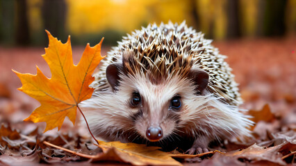 Charming Hedgehog Resting Among Autumn Leaves in a Warm Forest Setting, Surrounded by the Beauty of Nature's Seasonal Change with Golden Light and Playful Wildlife