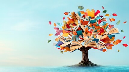 A tree made of books, with colorful leaves and various sizes representing different techniques for teaching reading skills