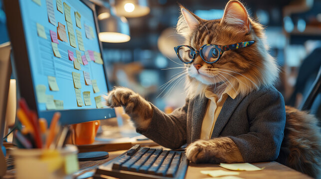 Adorable cat in glasses pretending to work in an office environment