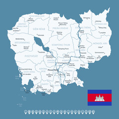 Obraz premium Cambodia - detailed country map with cities and regions. Infographic icons. Vector illustration.