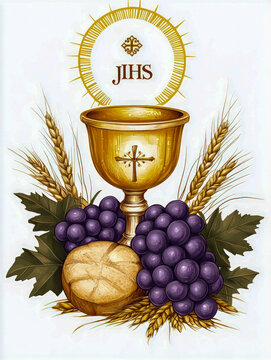 Eucharistic chalice with host, grapes, and wheat