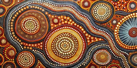 Aboriginal Dot Painting Concentric Circles and Wavy Lines, Orange, Yellow, and Black, Abstract Art, Aboriginal Art, Dot Art