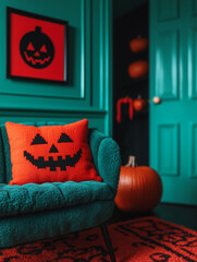 Green room decorated for halloween featuring a knitted pumpkin pillow and pumpkins