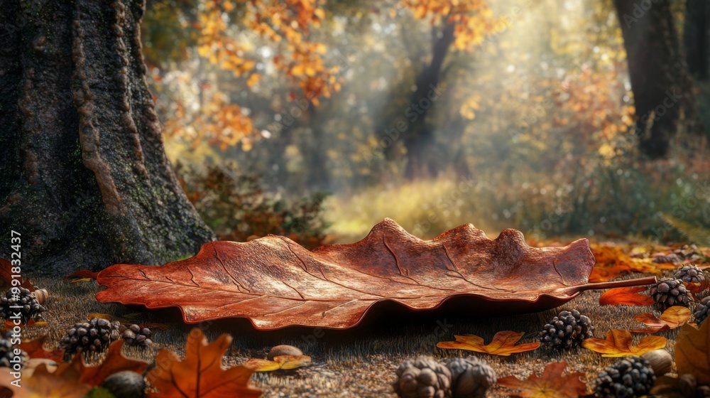 Poster a vibrant autumn leaf lies prominently on the forest floor, surrounded by an array of acorns and sca