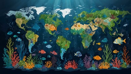 Underwater world map illustration.