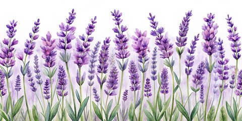 Naklejka premium Watercolor Lavender Floral Border with Purple and Green Hues, watercolor, floral, lavender, border, plant, flower