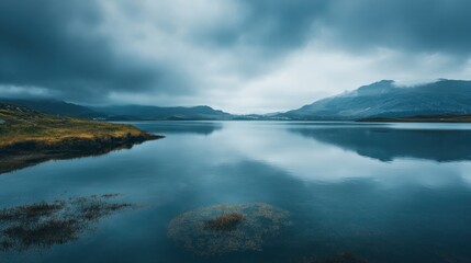 Serene Landscape with Misty Mountains and Still Waters