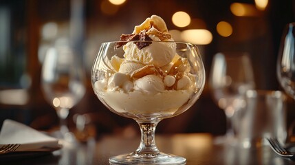 Closeup of vanilla ice cream with caramel and meringue in a glass dessert bowl on a table in a restaurant.