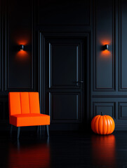 Halloween-themed image of an orange pumpkin illuminating a dark room with an orange chair and a closed door