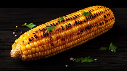 Grilled Corn on the Cob: A delectable image of perfectly grilled corn on the cob, seasoned with salt and pepper, and garnished with fresh parsley. The corn is resting on a dark wooden surface.