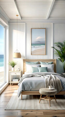 Obraz premium Home mockup, bedroom interior background, Coastal style, 3d render, white Mock up frame