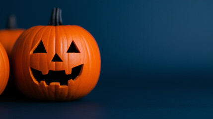 Eerie and festive halloween pumpkin glowing on a dark blue backdrop with copy space, great for seasonal projects