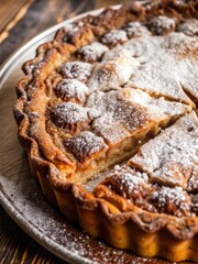 Homemade apple pie dusted with powdered sugar on a wooden table.