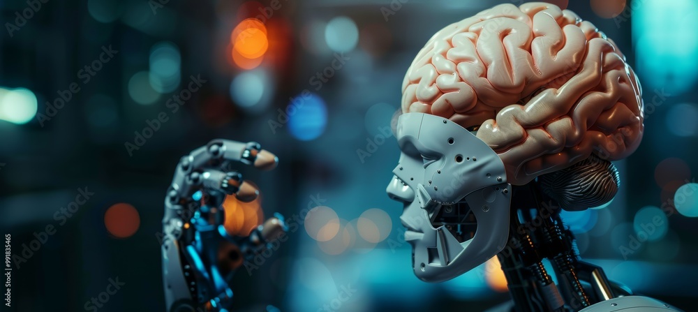 Poster advanced ai robot profile view with a dark backdrop, room for personalized text