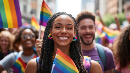 Multi cultural people marches with rainbow flags at a pride parade celebrating LGBT History Month in unity