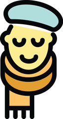 Simple and friendly vector icon of a smiling face wearing a warm winter hat and scarf, perfect for cold weather projects