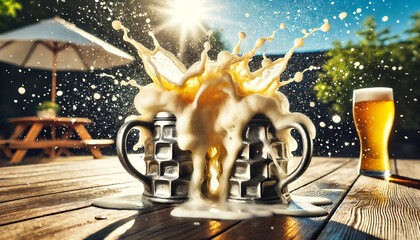 A mug of beer hits another mug, causing foam to fly out. The action takes place outdoors, next to a bench and an umbrella. The scene is playful and fun