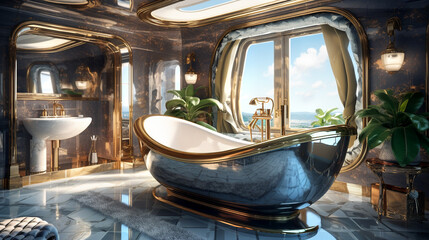 luxury chic expensive interior bathroom toilet in airplane ship train travel transport private jet gold traveling