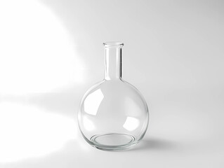 Round Laboratory Flask on a White Background, Clear Scientific Glassware