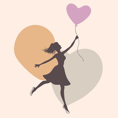 black silhouette of a young woman holding a heart-shaped balloon. The woman is in mid-air, 