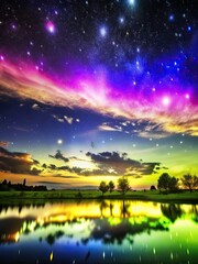 Fototapeta premium Starry night sky reflecting over a peaceful lake landscape.