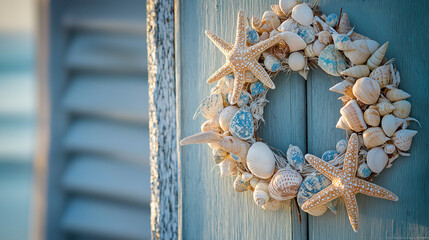 Unique summer wreath made of seashells, driftwood, and starfish, hanging on a beach house door. Soft white, beige, and blue tones with ocean glass accents. Golden sunset light, coastal vibe