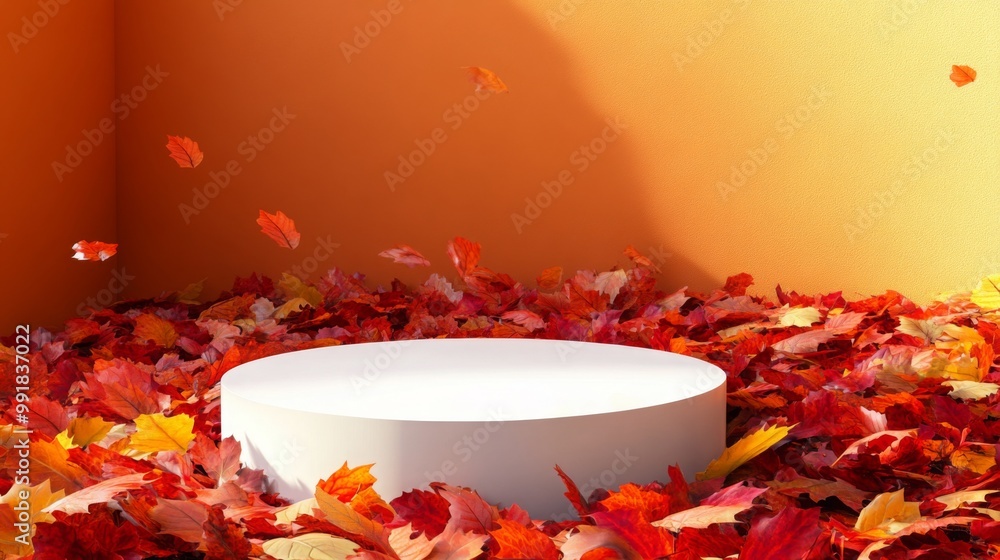 Aufkleber colorful autumn leaves in shades of red and orange cover the floor around a white circular platform.