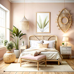 Home mockup, Coastal boho bedroom interior background with rattan furniture in light pastel pink colors, 3d render, white Mock up frame