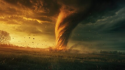 Tornado rages through the field. Twister spawns from a thunderstorm in a rural setting