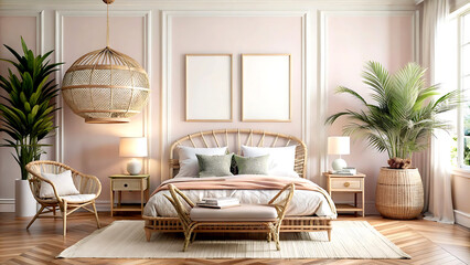 Obraz premium Home mockup, Coastal boho bedroom interior background with rattan furniture in light pastel pink colors, 3d render, white Mock up frame