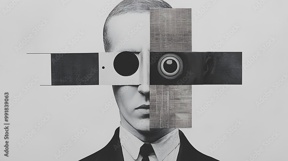 Poster a man's face is partially obscured by a collage of abstract shapes, creating a sense of mystery and 