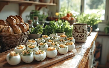 Rustic kitchen delight: fresh herb salad and deviled eggs with bread on wooden table