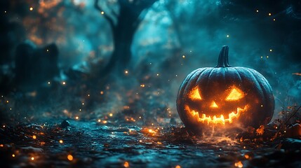 Fototapeta premium A glowing jack-o'-lantern with a menacing grin sits in a misty, dark forest.
