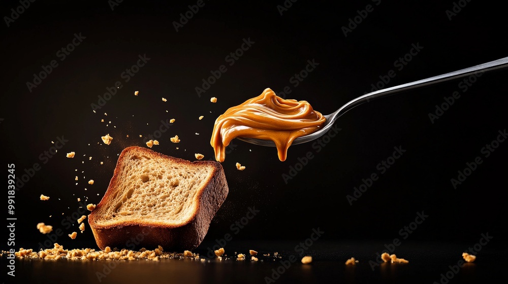 Poster peanut butter delight: a spoonful of creamy peanut butter cascades over a slice of bread, creating a