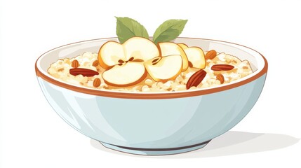 A bowl of apple cinnamon oatmeal with nuts, flat color illustration