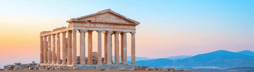 Fototapeta premium Ancient temple ruins basking in golden sunlight during sunset