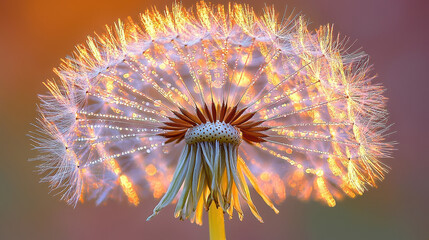 Close-up of a dandelion seed head covered in dewdrops under warm light, resembling a delicate, illuminated chandelier in nature.