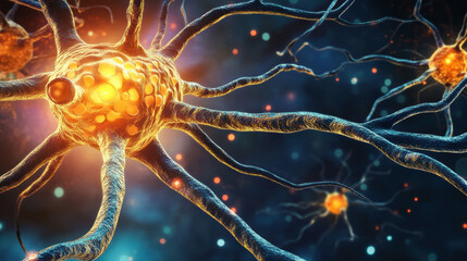 Close-up depiction of neurons and neural pathways, illuminated brightly, emphasizing the functional units of the brain in a vibrant, interconnected network.