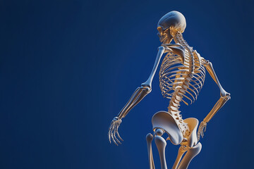 Artistic render of a human skeleton against a blue background, showcasing the intricate design and structure of the skeletal system in an isolated environment.