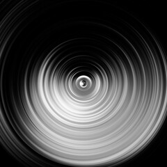 Black and white radial motion effect. Abstract rounded background. Grayscale curves and sphere.