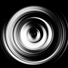 Black and white radial motion effect. Abstract rounded background. Grayscale curves and sphere.