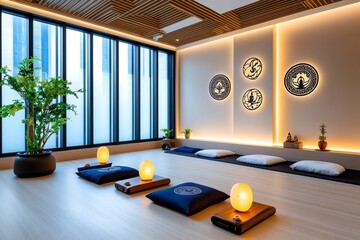 A quiet meditation room, with soft lighting, cushions, and spiritual symbols, offering a calm space for reflection and inner peace