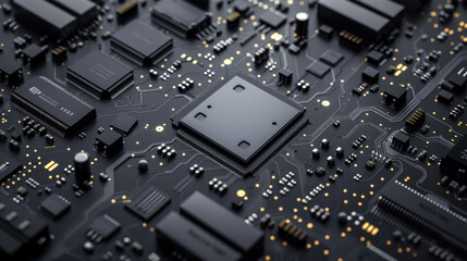 Close-up view of a circuit board with glowing components and intricate wiring in a dimly lit environment