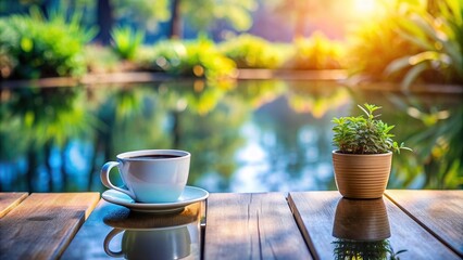 Serene morning scene with a coffee mug on a wooden table and a blue plant reflected in the background, beverage, scene, relaxation, natural light, morning routine, contemporary