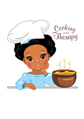 Cute smiling afro girl cooking soup. Cooking is my therapy