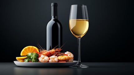 Seafood Delights: A tantalizing still life featuring a plate of succulent shrimp, accompanied by a glass of chilled white wine and a bottle of red. The scene evokes a sense of refined dining.