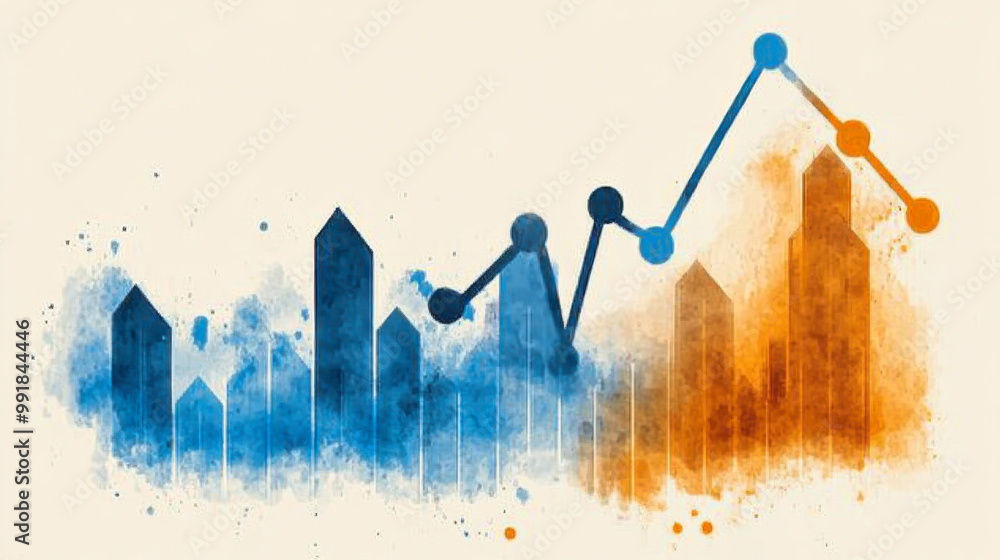 Poster colorful data visualization with blue bar graphs and orange line trends on a dynamic background repr