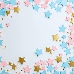 Obraz premium Colorful star confetti scattered on a white background for festive decorations and celebrations