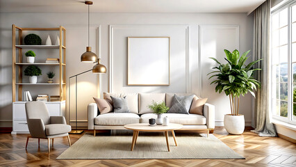 Home mock up, modern feminine living room interior background, 3d render, white Mock up frame
