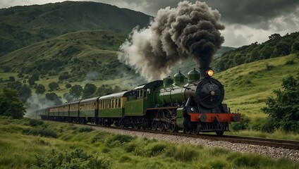 Vintage steam train chugging through a green landscape on an overcast day.